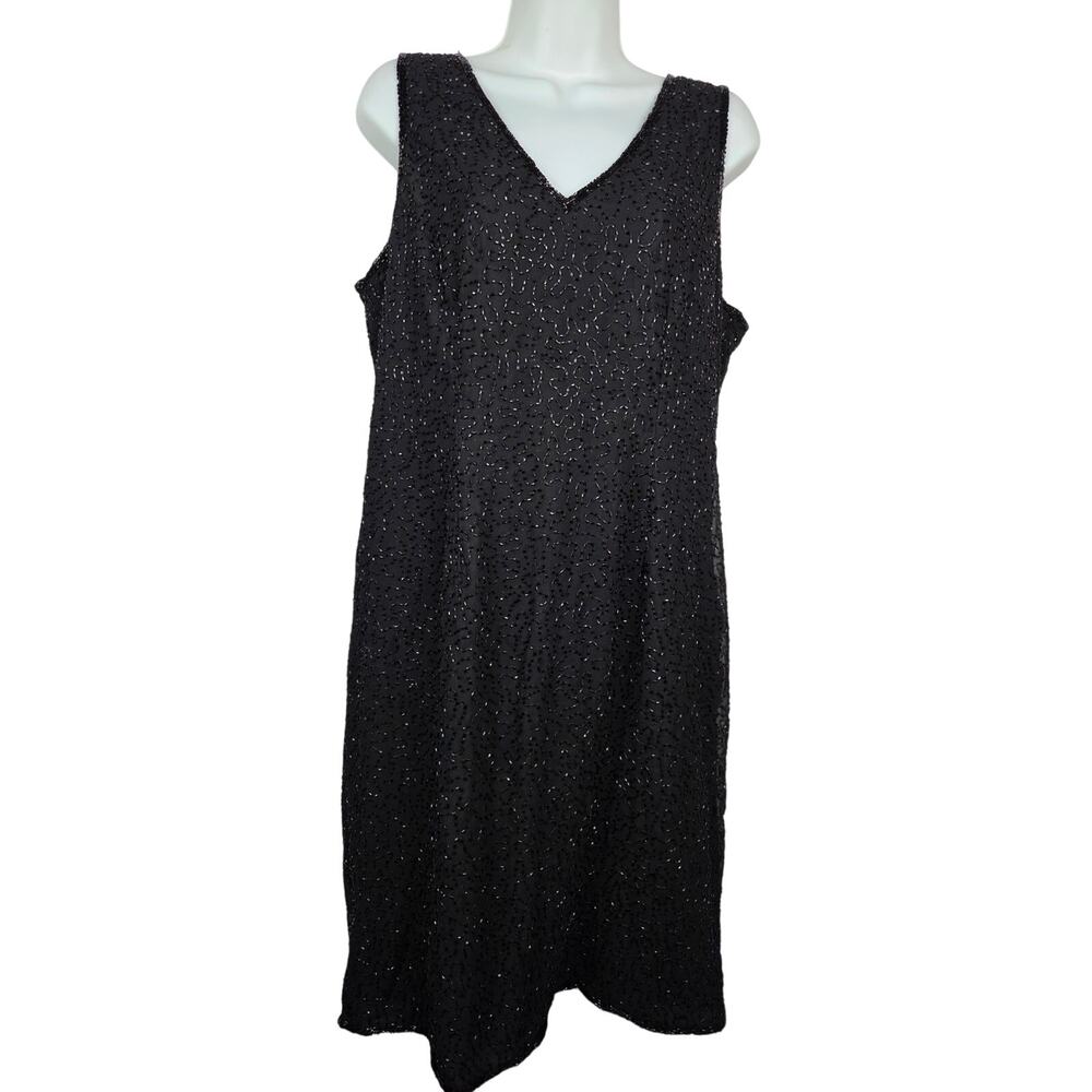 Vintage JMD New York Black Beaded Dress, Size XL, V-Neck, 90's Cocktail Evening